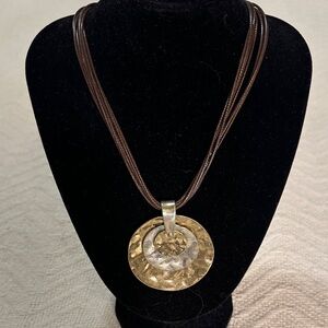 Gold and Silver Pendant on Brown Cord Necklace